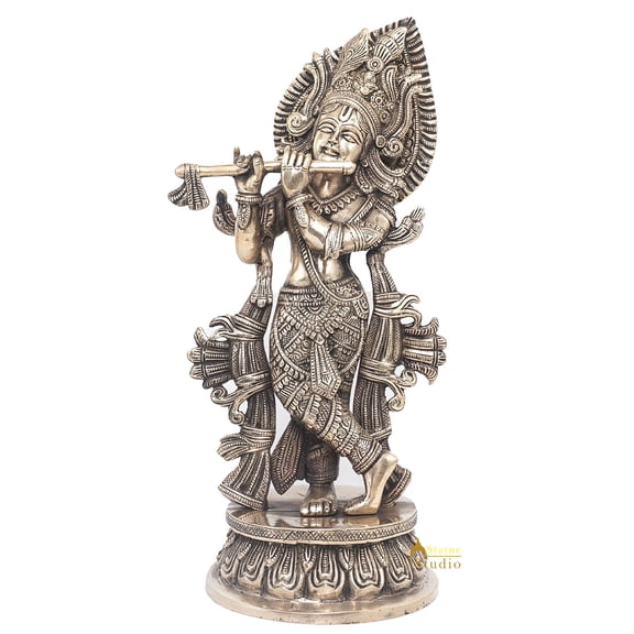 StatueStudio Krishna Murti Flute Playing Krishna Statue Vastu Religious Figurine For Mandir, Living Room, Office Table and Home Decor Tabletop Gift Item (5 X 5 X 13 Inch)