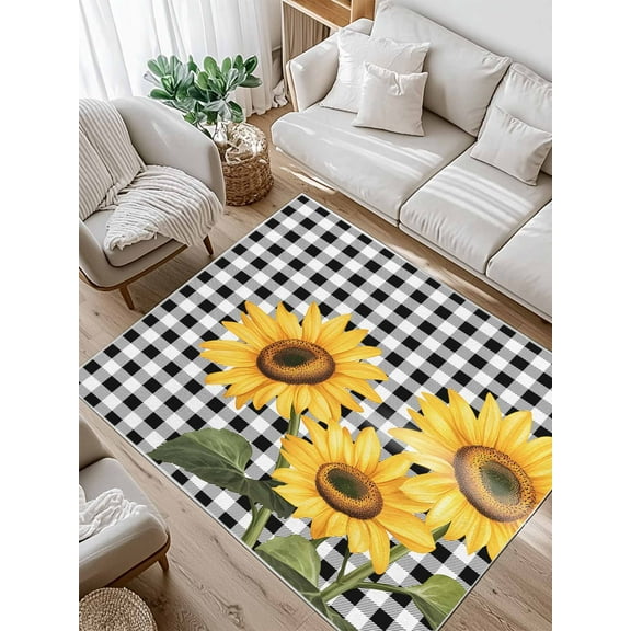 Sunflower Area Rug for Bedroom 3x5 Ft Black and White Buffalo Plaid Spring Summer Floral Super Soft fuzzy Throw Rug Non-Slip Fluffy Plush Indoor Floor Carpet for Living Room Nursery Home Decor