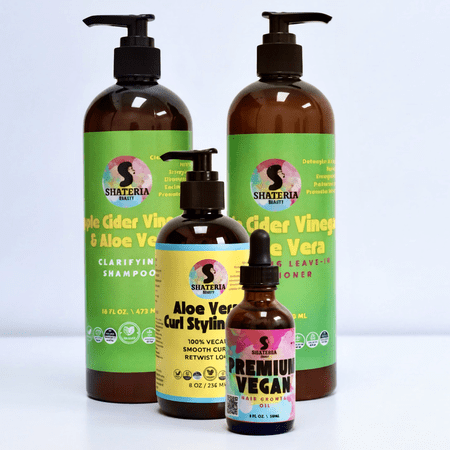 Shateria Beauty ACV & Aloe Vera Wash Day Deluxe Box, 4-Piece Vegan Hair Care Set for Curls & Locs, Shampoo, Leave-In, Gel & Oil