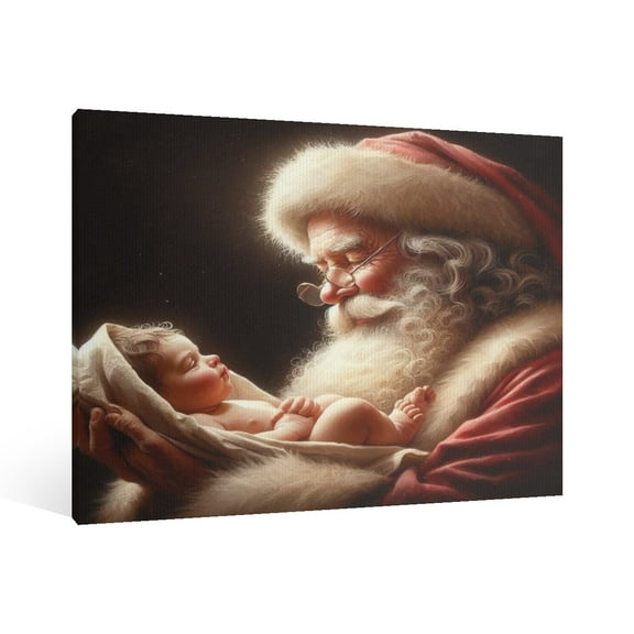 Vintage Christmas Santa Claus and the Birth of Jesus Wall Art Paint - Retro Xmas Festive Winter Holiday Christmas Wall Decor Canvas for Living Room Kitchen Bathroom Home Bedroom Decor Framed