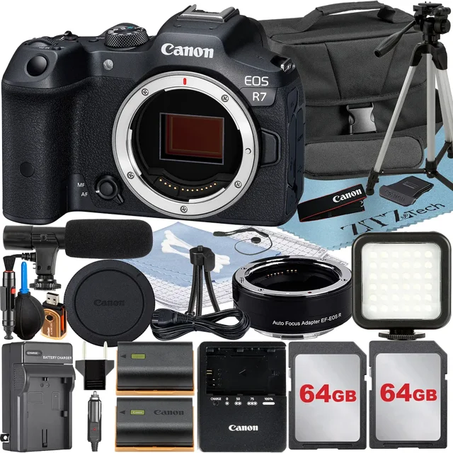 Canon EOS R7 Mirrorless Camera (Body) with 2 Pack 64GB Memory Card + Case + ZeeTech Accessory Bundle
