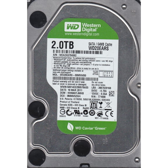 WD20EARS-00MVWB0, DCM HHNNHTJMHB, Western Digital 2TB SATA 3.5 Hard Drive