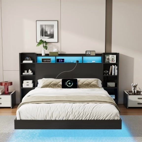 Twin Size Modern Floating Platform Bed Frame with Storage Headboard and Charging Station, Heavy Duty Metal Slats with LED Lights for Bedroom, Black
