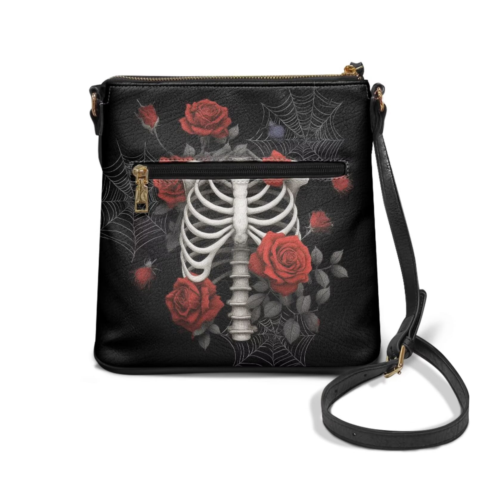 DISNIMO Skeleton Rose Print Crossbody Handbag Purse Spider Web Print Satchel Shoulder Purse PU Leather Messenger-Bag with Removable Straps and Zipper Closure
