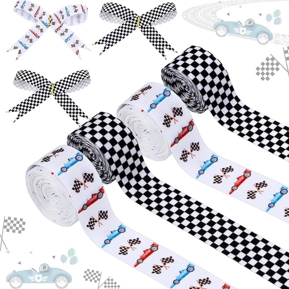 4 Rolls Vintage Race Car Theme Ribbons 20 Yards Craft Ribbons for Wreath Hair Bow Wrap Gift White Black Checkered Grosgrain Ribbons Birthday Wedding Gender Reveal Party Accessory Decorations