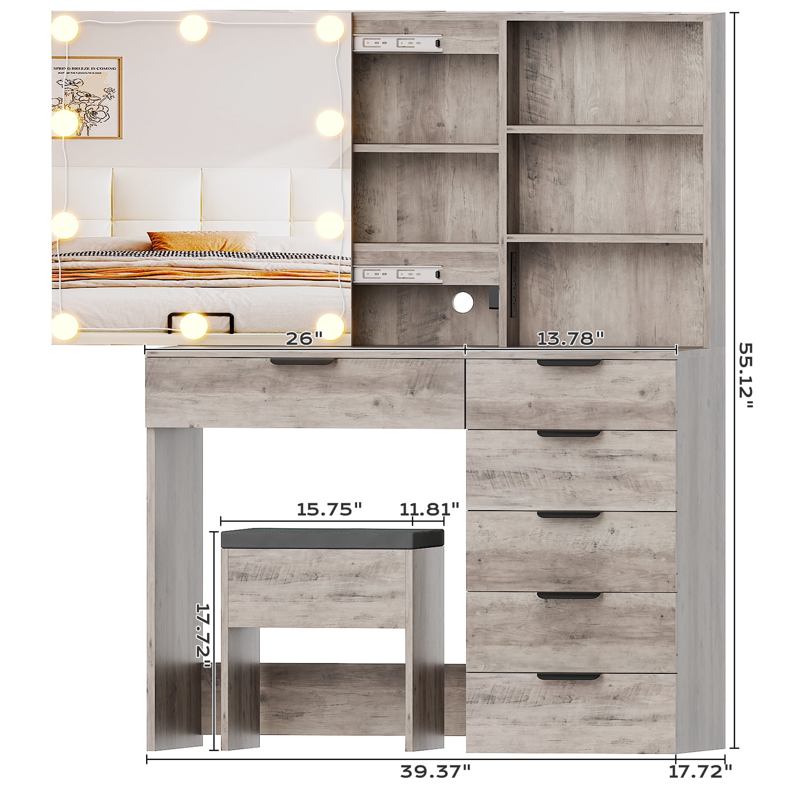 Ktaxon Vanity Table Set with Charging Stationfor Bedroom Makeup Dressing Table with Sliding Mirror,Gray