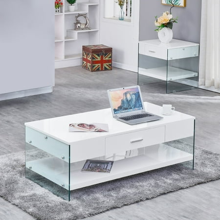 Coffee & End Table Set a Drawer & Glass Legs, High Gloss Finish (Best High End Ranges)