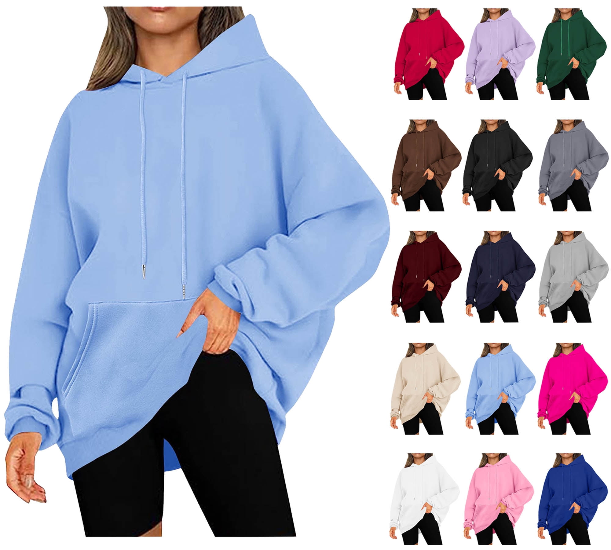 Chandail en Molleton pour Femmes Chandails en Molleton à Capuche Unis Décontractés Manches Longues Chandail Tops Ndbuld Décontracté Noël Uni Col Rond Manches Longues Chandail Blouse Chandail en Molleton Bleu Clair P