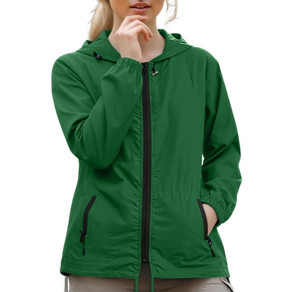 Domzest Womens Hooded Rain Jacket Lightweight Packable Raincoats Full Zip Elastic Cuff with Zipper Pocket Hiking Travel Windbreaker Dark Green L