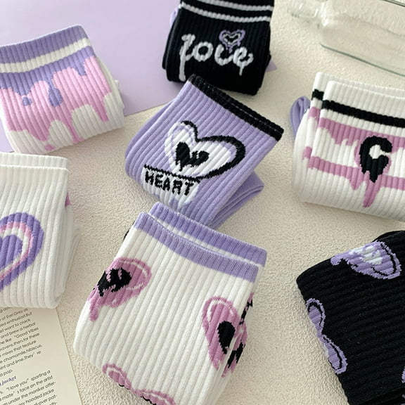 dianhelloya 1 Pair Mid-calf Socks Korean Heart Embroidery Kawaii Hip Hop Color Matching Anti-slip Soft No Odor Sweat Absorption Lady Four Seasons Sports Socks Purple1