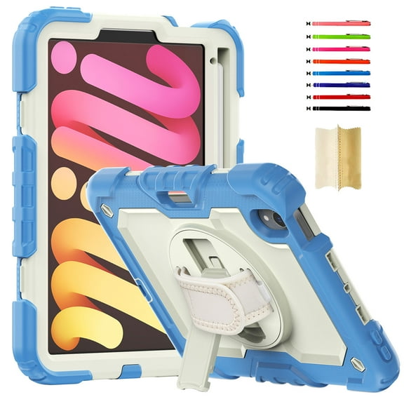 for iPad mini 6th Gen 8.3" 2021, Heavy Duty Shockproof Protective Case with PET Screen Protector, Stylus Holder, Stand and Hand/Shoulder Strap 3 Layer Multi-Functional Cover, Blue