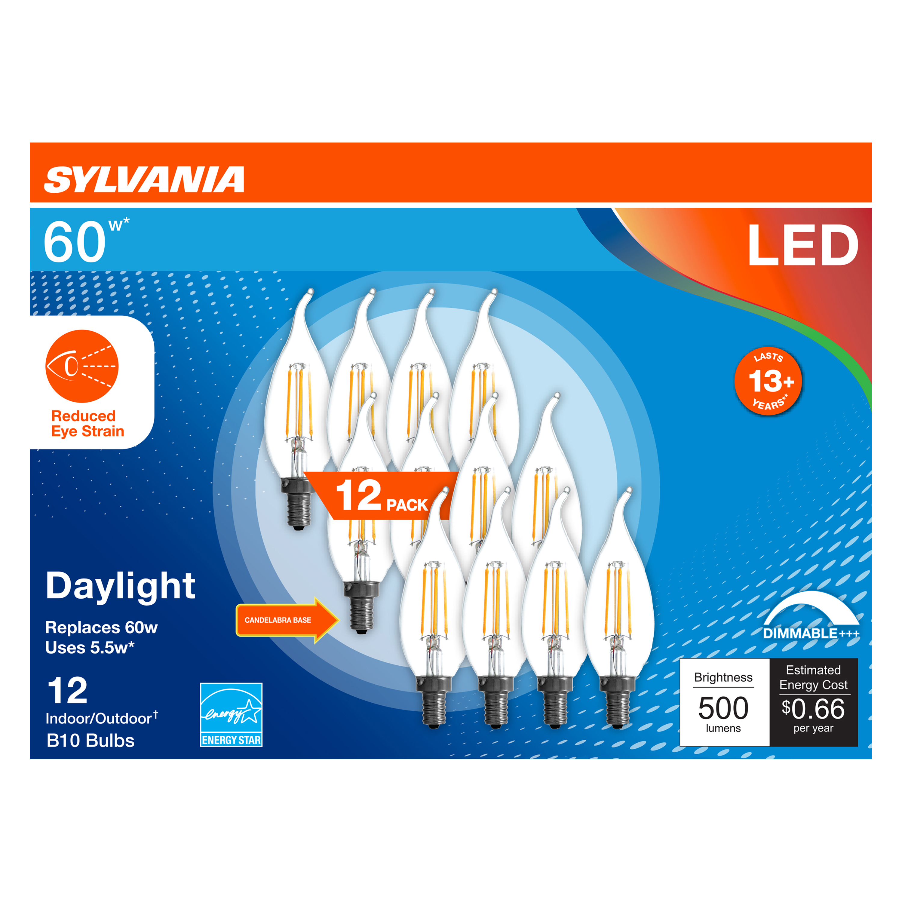 Sylvania LED Reduced Eye Strain B10 Light Bulb, 60W, Candelabra, Dim, Daylight, 12 Pack