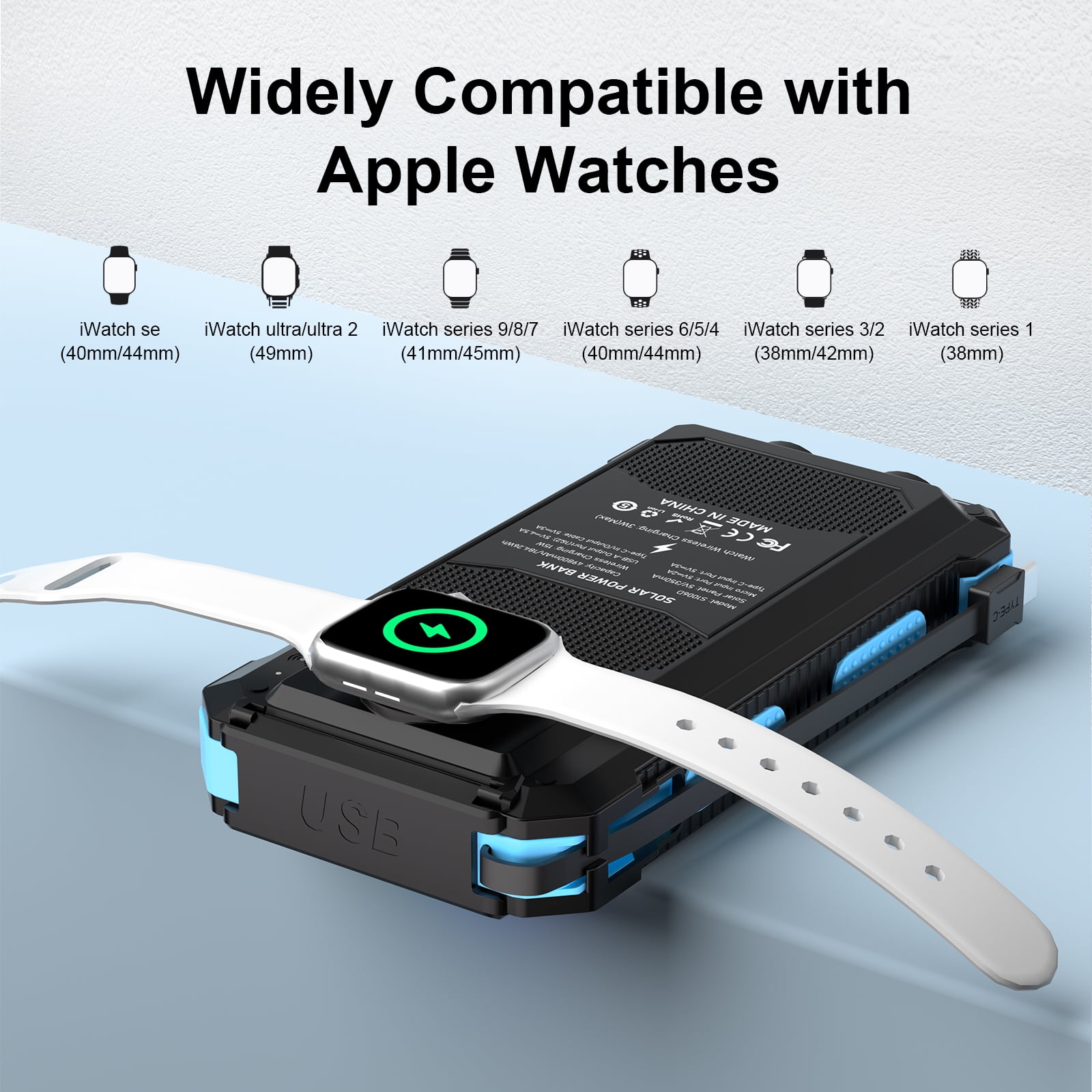 Yelomin 49800mAh Solar Power Bank Portable Charger with Wireless Charger for Apple Watch,iPhone,22.5W Fast Charging Travel Battery Pack with Camping Flashlight,Compatible with All Mobile Phones(Blue)