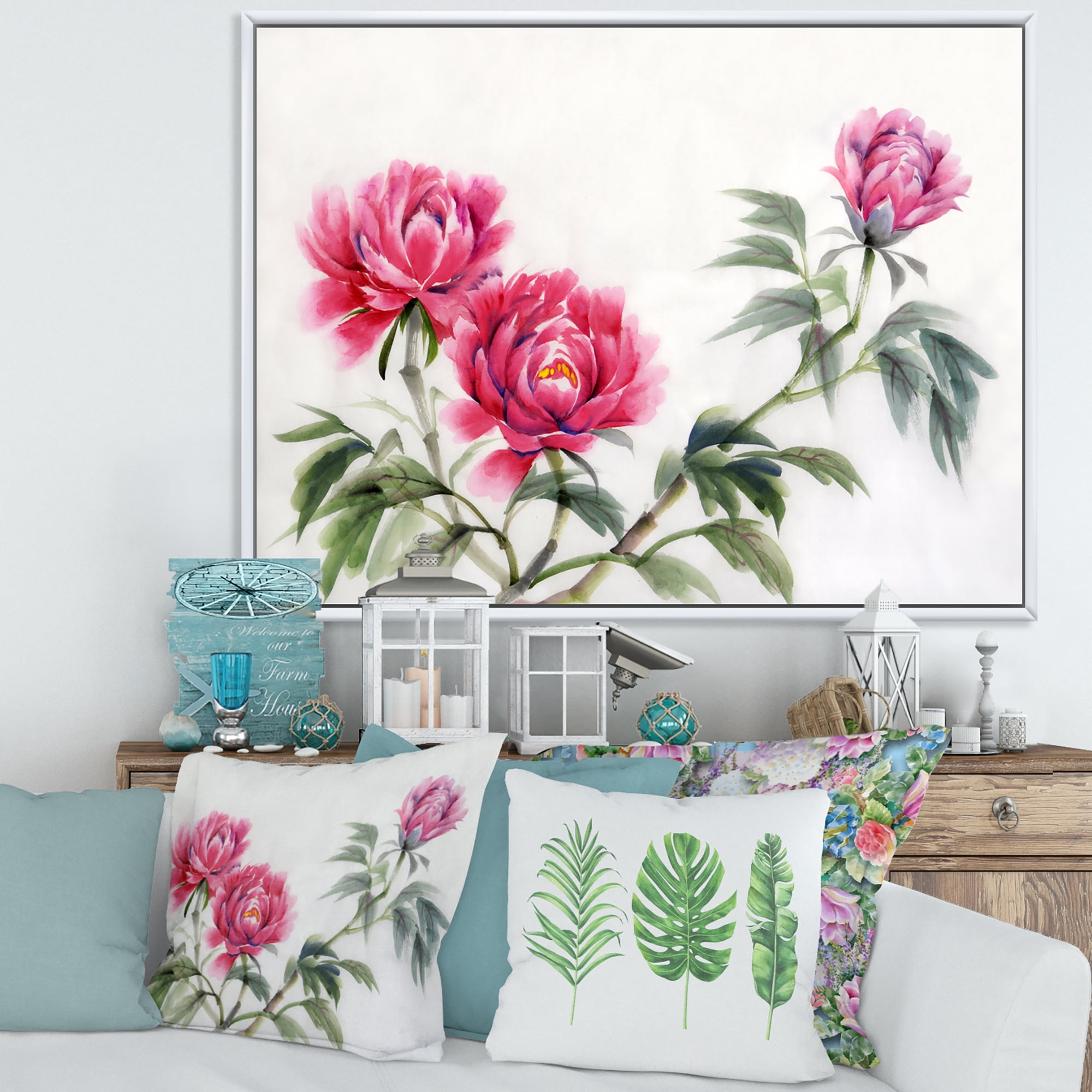 Designart 'Three Vintage Red Peonies Flowers' Traditional Framed Canvas Wall Art Print