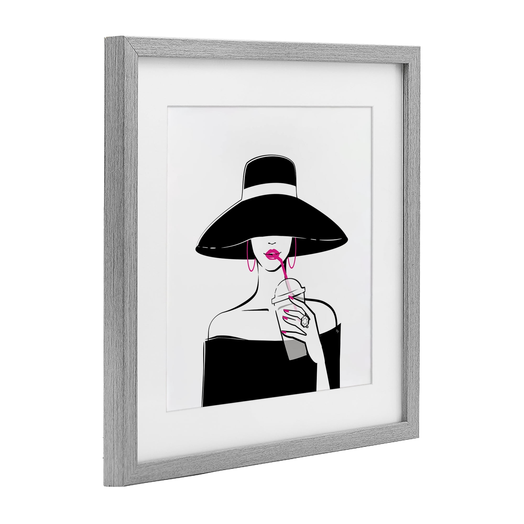 Stupell Industries Chic Black Hat Sipping Coffee Gray Framed Print Under Glass, design by Martina Pavlova