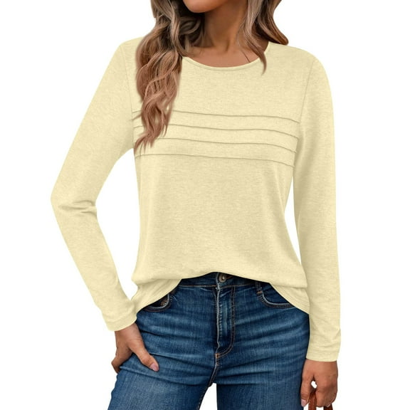 WTOBBY Stylish Women's Long Sleeve Pleated Top Casual Solid Color Round Neck Blouse Fashion Basic Design Comfortable Fit for Everyday Use Easy Care Fabric for Women,Beige L
