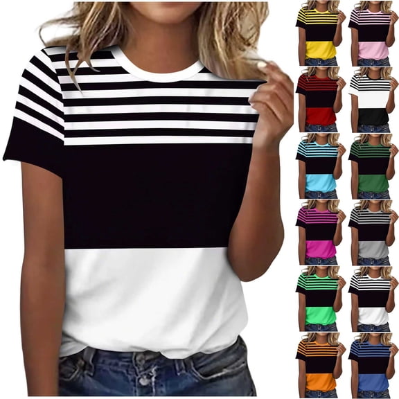 Hilenly Women's Short Sleeve Tops Crewneck Striped T Shirts Summer Basic Tees