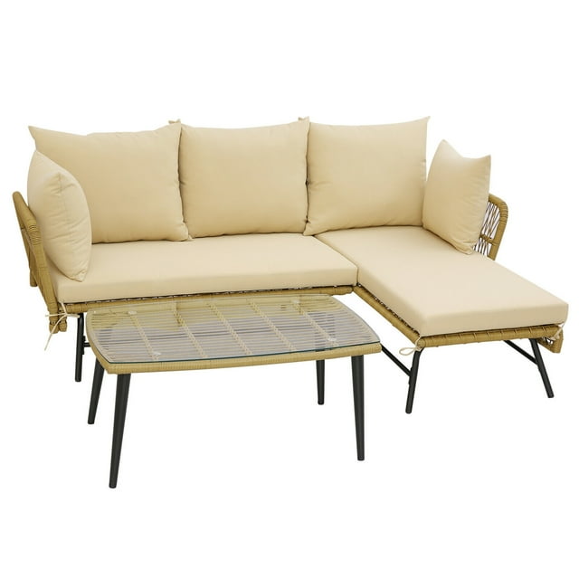 Gymax 3PCS Patio Wicker Furniture Set L-Shaped Sofa Conversation Set w/ Beige Cushions