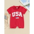 thumbnail image 3 of Aojekbee 4th of July Baby Rompers Infant Girls Boys Fuzzy Letter Flag Embroidery Crew Neck Short Sleeve Bodysuits Summer Jumpsuits, 3 of 10