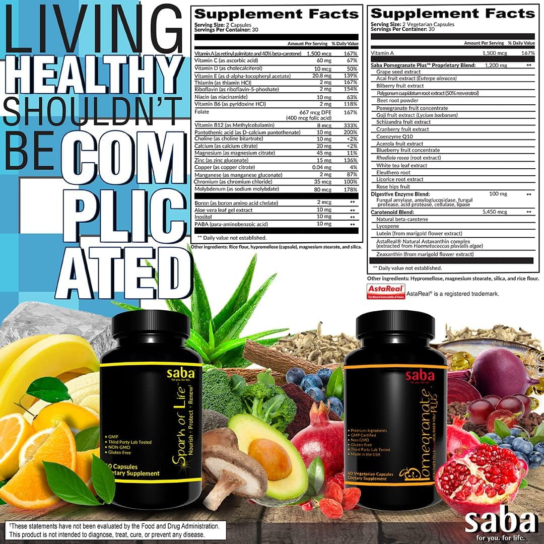 Saba Spark of Life™ - nourish, protect, and renew cellular health - Daily Multivitamins For Men & Women - 60 Veggie Caps