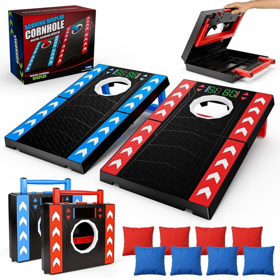 Carsky Cornhole Game Set with Digital Scoreboard, 2 Foldable Cornhole Boards, 8 Bean Bags, Portable Indoor Outdoor Lawn Game for Family Parties and Holiday Gifts