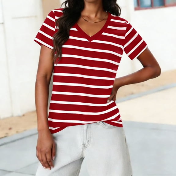 Mifsaly Striped Shirts Women V-Neck Short Sleeve Summer Tops Loose Casual Basic Tee Comfortable Going Out Everyday Blouses S