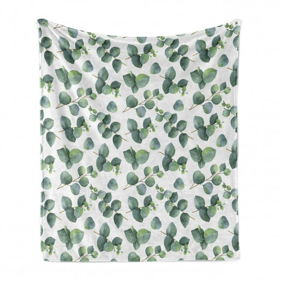 Leaf Soft Flannel Fleece Throw Blanket, Watercolor Style Pattern Dollar Eucalyptus Leaves and Branches, Cozy Plush for Indoor and Outdoor Use, 50" x 60", Green Pale Brown White, by Ambesonne