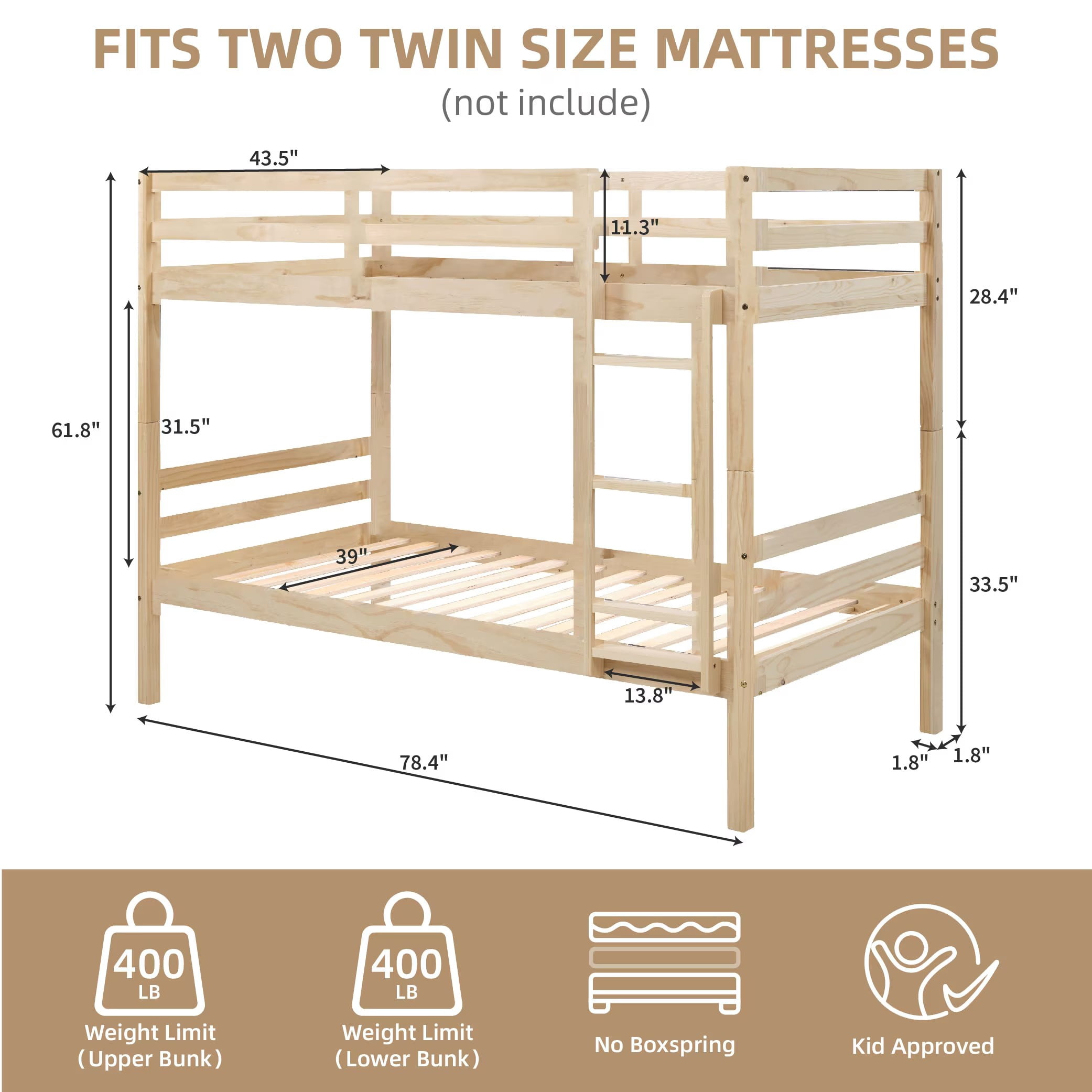 Aukfa Twin over Twin Bunk Bed, Wooden Bunk Bed with High Guardrail for Kids/Teens and Dorm Room/Guest Room, Oak