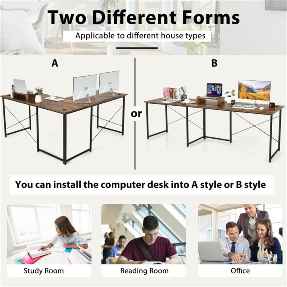 Demi Bonn 95" 2-Person L-Shaped Long Reversible Computer Desk with Monitor Stand, Small Home Office Desk Study Writing Table, Rustic Brown