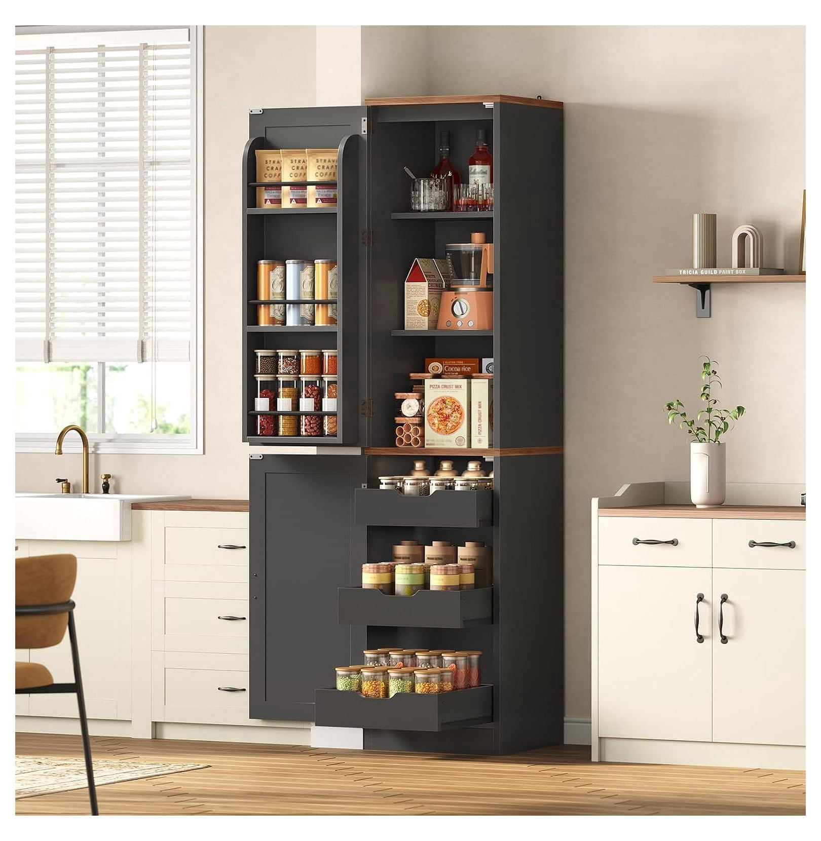 Hodedah 4-Door Kitchen Pantry with 4-Shelves, Beech - Walmart.com