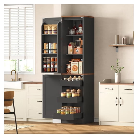 Narrow Kitchen Pantry Cabinet with 3 Door Shelves & 3 Drawer, Black