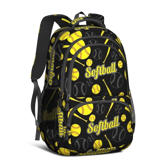 Softballs and Text Black Pattern Backpack for School, Cute School Bag with Adjustable Shoulder Straps and Padded Back, 16.9"x12.6"x5.9"