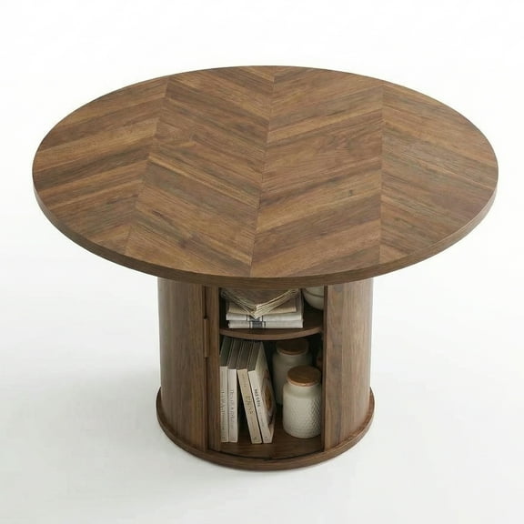 Asofer Round Dining Table for 4, Circle Dining Table with 2-Layer Storage and Smooth Sliding Wood Doors, Iron Strip Frame Base for Kitchen Living Room, Brown