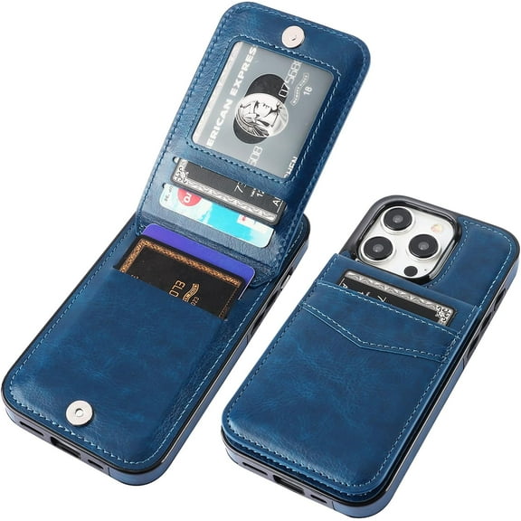 Compatible with iPhone 15 Pro Case Wallet with Credit Card Holder, Flip Premium Leather Magnetic Clasp Kickstand Heavy Duty Protective Cover for iPhone 15 Pro 6.1 Inch (Blue)