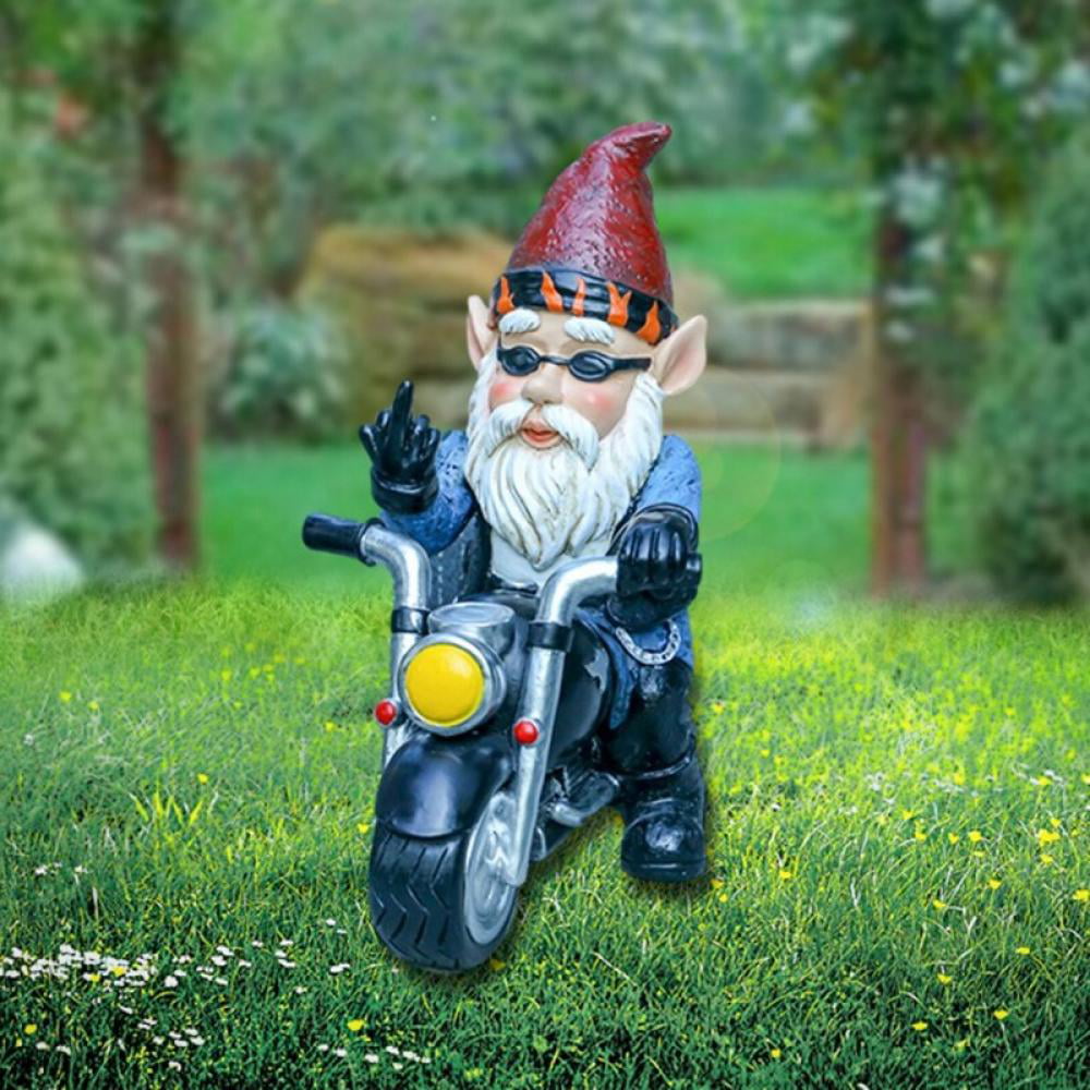 Gnome Biker Riding Motorcycle Peace Sign Figurine Life Like Statue Home Garden 