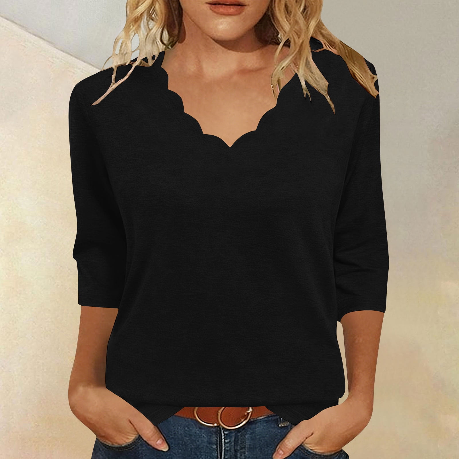 Oiangi Women's 3/4 Length Sleeve Shirts Scallop Neck Summer Tees Blouses Casual Dress Tops Black 2XL