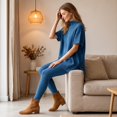 thumbnail image 6 of Szluipve 2 Piece Sets for Women 2 Piece Knit Loungewear Set Turtleneck Short Sleeve Oversized Tunic Top & Ribbed High Waist Leggings Casual Loose Fall Winter Outfit Suit Royal Blue S, 6 of 7