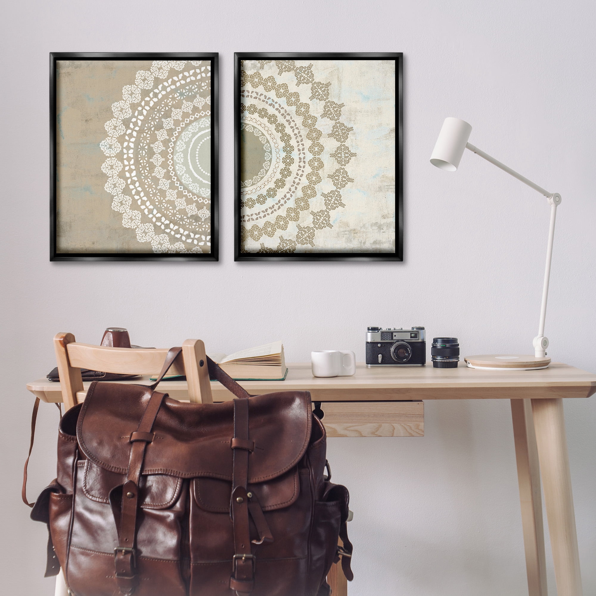 Stupell Industries Rustic Mandala Boho Pattern Abstract Painting Black Floater Framed Canvas Art Print Wall Art, 25 x 31, Set of 2