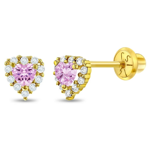 14k Yellow Gold Young Girl's 5mm Pink & Clear Cubic Zirconia Heart Screw Backs