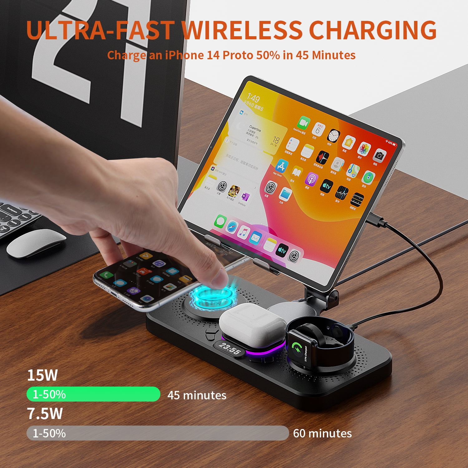 4 in 1 Fast Charging Station for iPhone, Wireless Charger for iPhone16/15/14/13/12 Series, iPad, Apple Watch, AirPods, Android Samsung Series and More, Black
