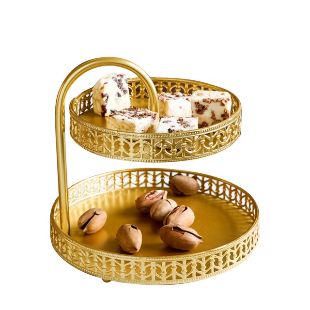 Double Layer Pastry Tray, Gold Decorative Tray, Smooth Apperance Cupcake Stand Copper Material Cake Display Plate with Handle for Wedding
