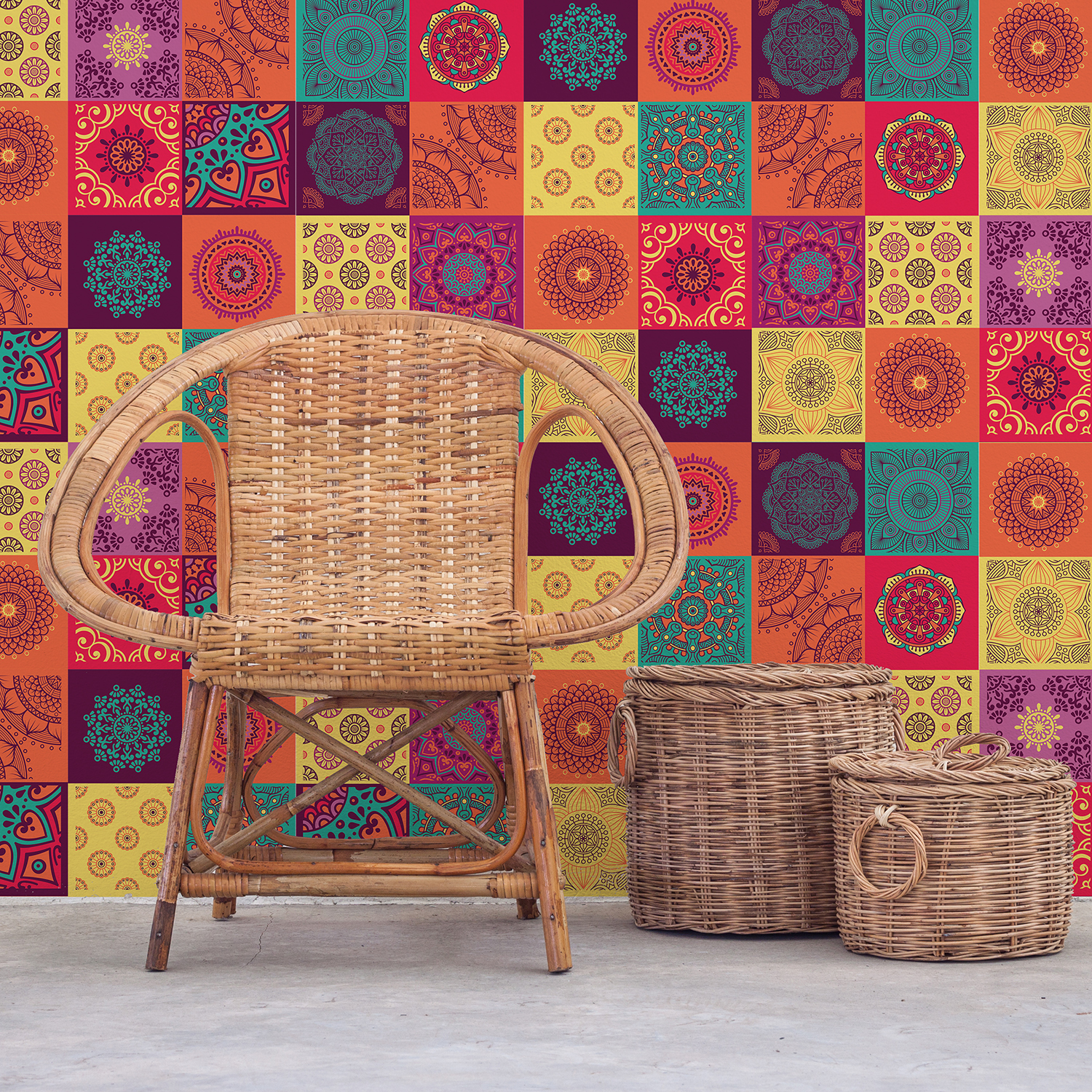 Walplus Tile Colourful Mandala Peel and Stick Tiles Wall Sticker Decal