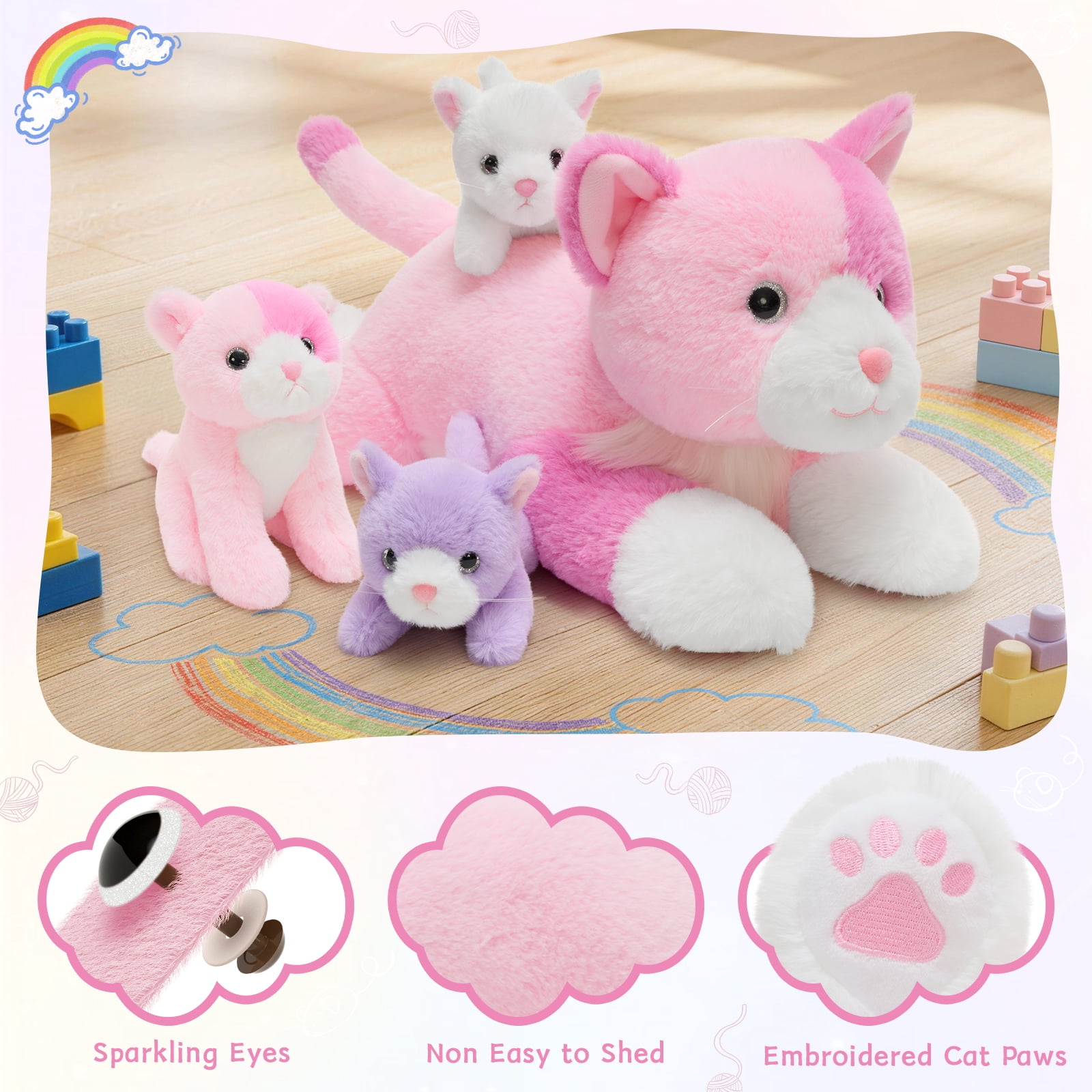 MaoGoLan 4 Piece Cats Stuffed Animals 13.8 inch Mom Plush Cat with 3 Kittens Stuffed in Zipper Pouch