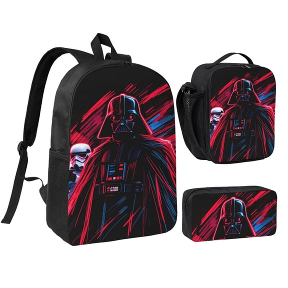 Darth Vader Backpack 3 Piece Set Bookbag with Lunch Box Pencil Case Travel Daypack, 3D Printed Lightweight High-capacity Schoolbag Fashion Bento Backpack