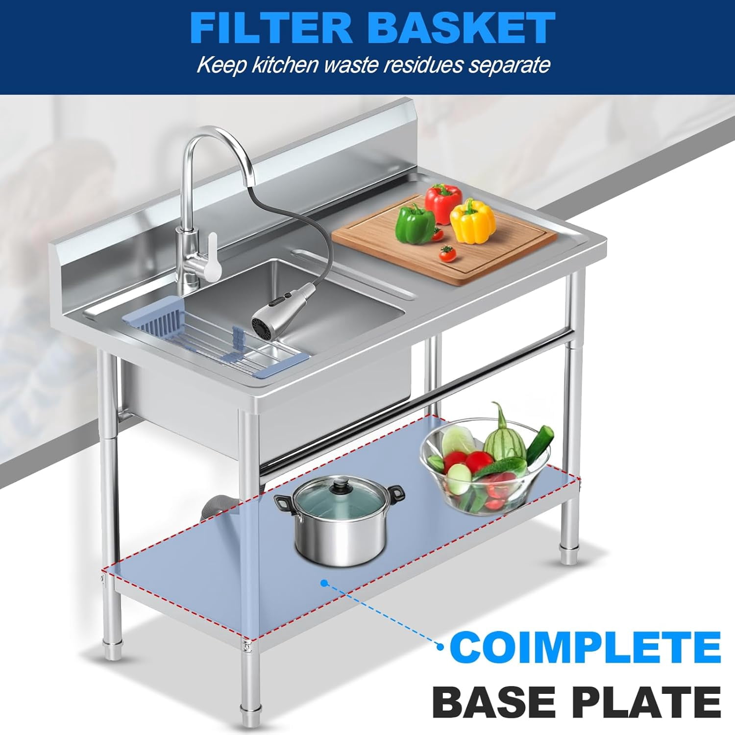 Stainless Steel Utility Sink Freestanding Single Bowl Laundry Sink with 360° Swivel Pull-Out Sprayer Faucet, Hot and Cold Water Plumbing Workbench for Laundry Room Farmhouse
