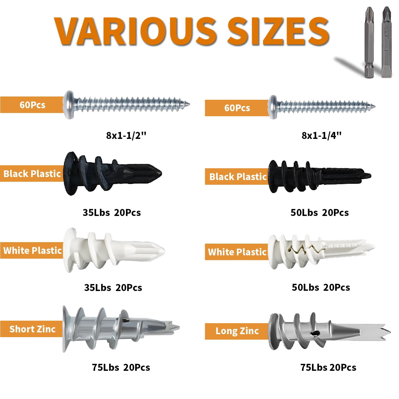 320Pcs Self Drilling Drywall Anchors and Screws Kit, 3 Sizes Nylon Wall Anchors for Hollow Walls, No Pre-Drilling Required, Holds Up to 75lbs (160 Anchors + 160 Screws)