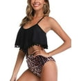 thumbnail image 4 of Women High Waisted Bikini Ruffle Swimsuit Flounce Pom Pom Trim Two Piece Bathing Suit Black Leopard (L, 4 of 6