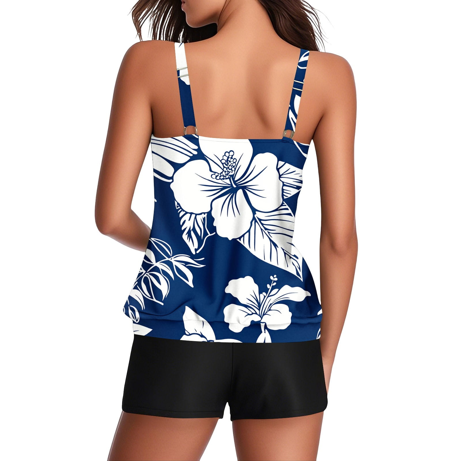 Jsaierl Women's Two Piece Tankini Bathing Suits Blouson Swim Tops Summer Print Swimwear Conservative Cute Modest Beachwear with Swim Shorts Tankini Swimsuits