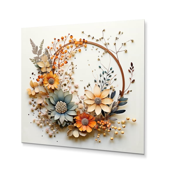 Designart "Floral Wreath in Beige and Orange I" Floral Metal Wall Art Prints