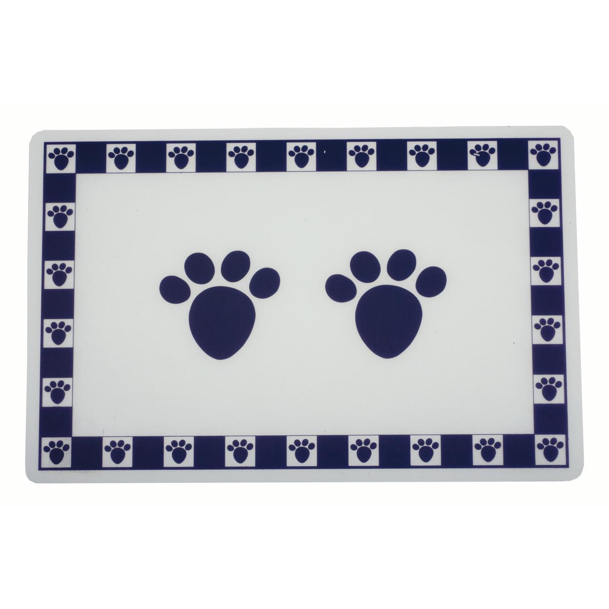 PetRageous Pet Paws 19 Inch Plastic Pet Placemat, White and Blue